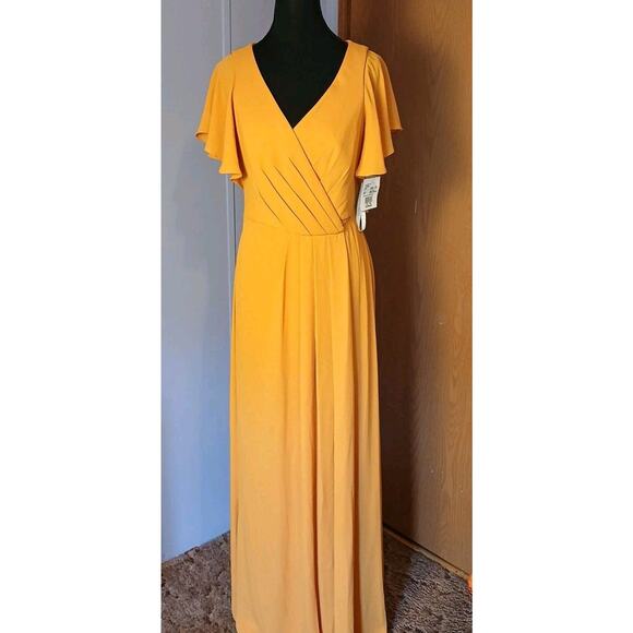 Davids Bridal Formal Floor Length Wrap Dress Size 6 Marigold NWT ,Flutter Sleeve - Picture 1 of 16